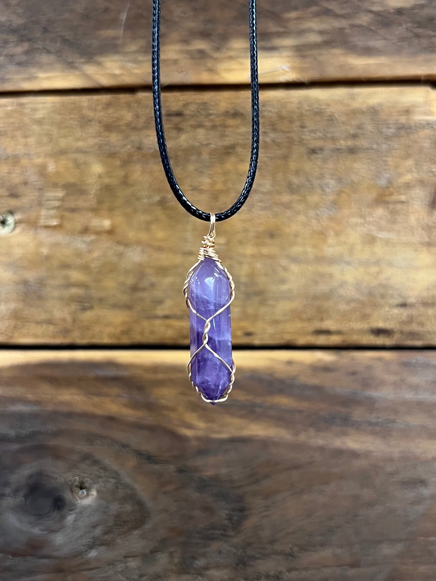 Amethyst Gold Wire Wrapped Pendant Necklace