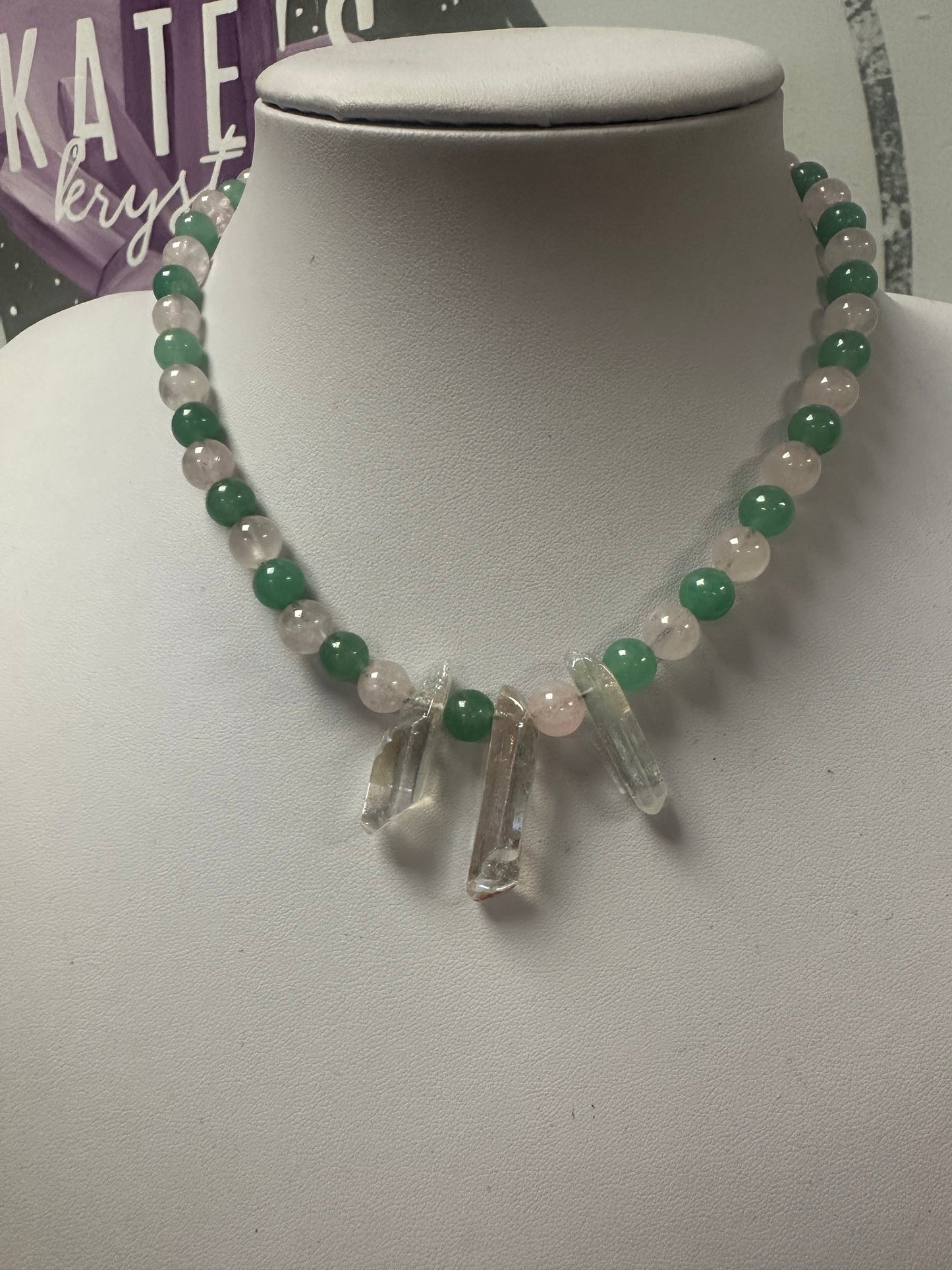 Aventurine, Rose Quartz & Aura Quartz Choker Style Necklace