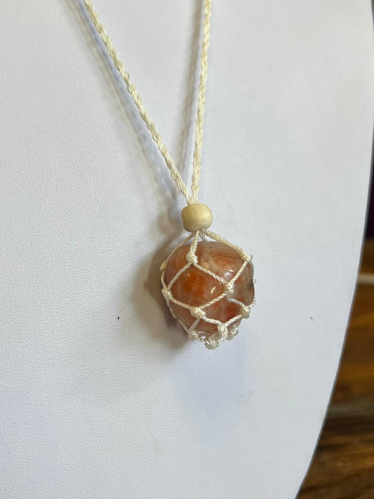 White Macrame Crystal Web Holder with sunstone