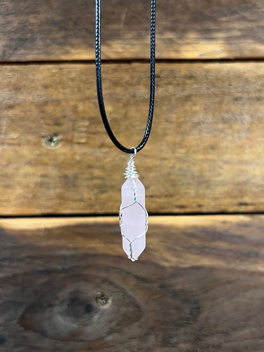 Rose Quartz Silver Wire Wrapped Pendant Necklace