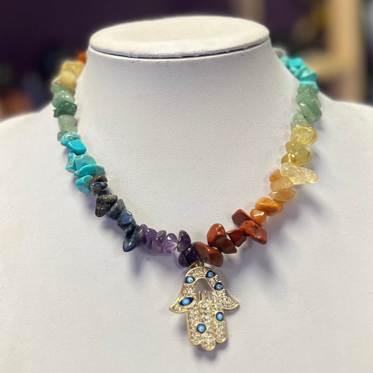 Chunky Chakra Choker Necklace with Hamsa Hand Charm