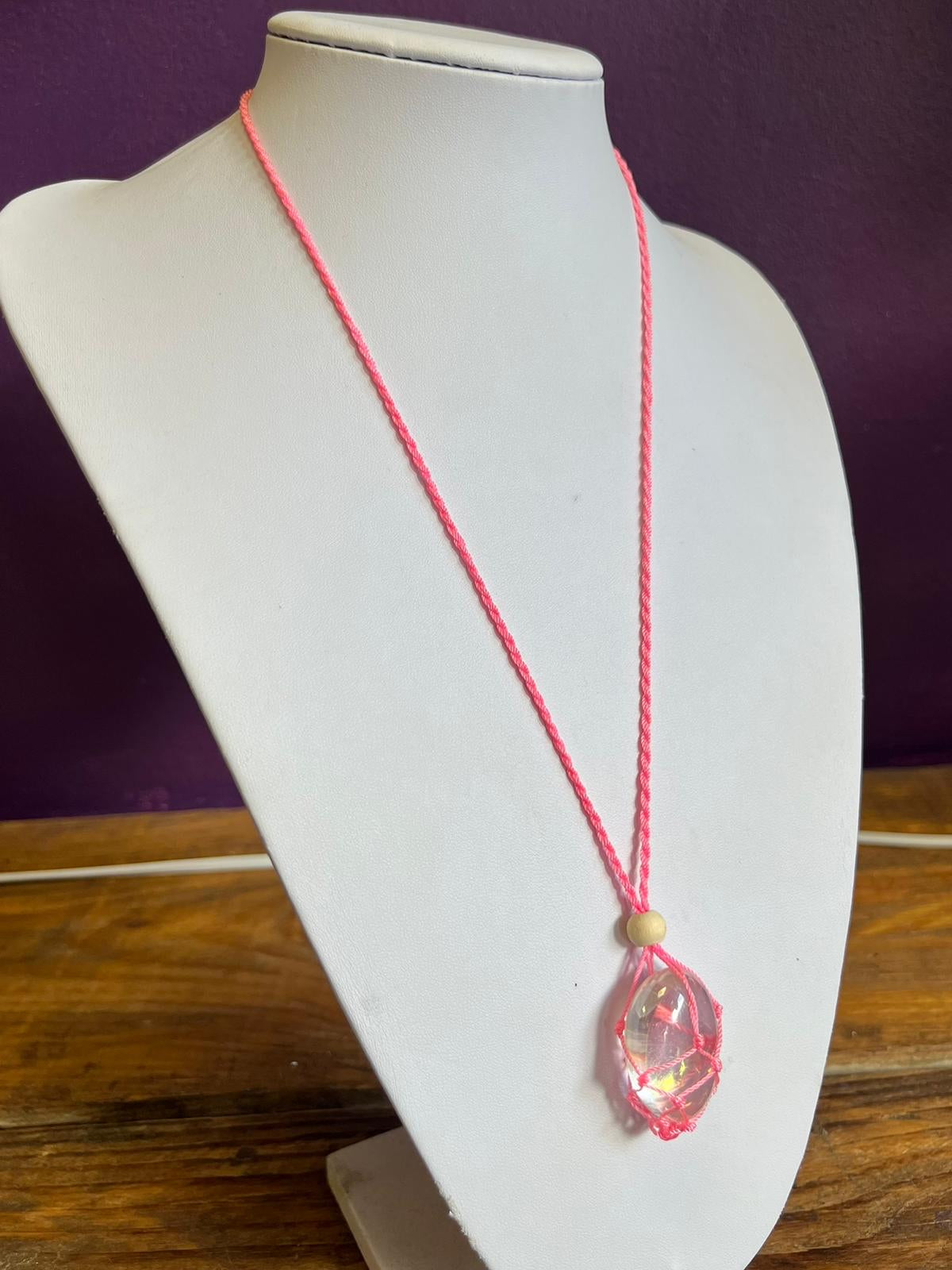 Pink macrame web holder necklace with aura quartz