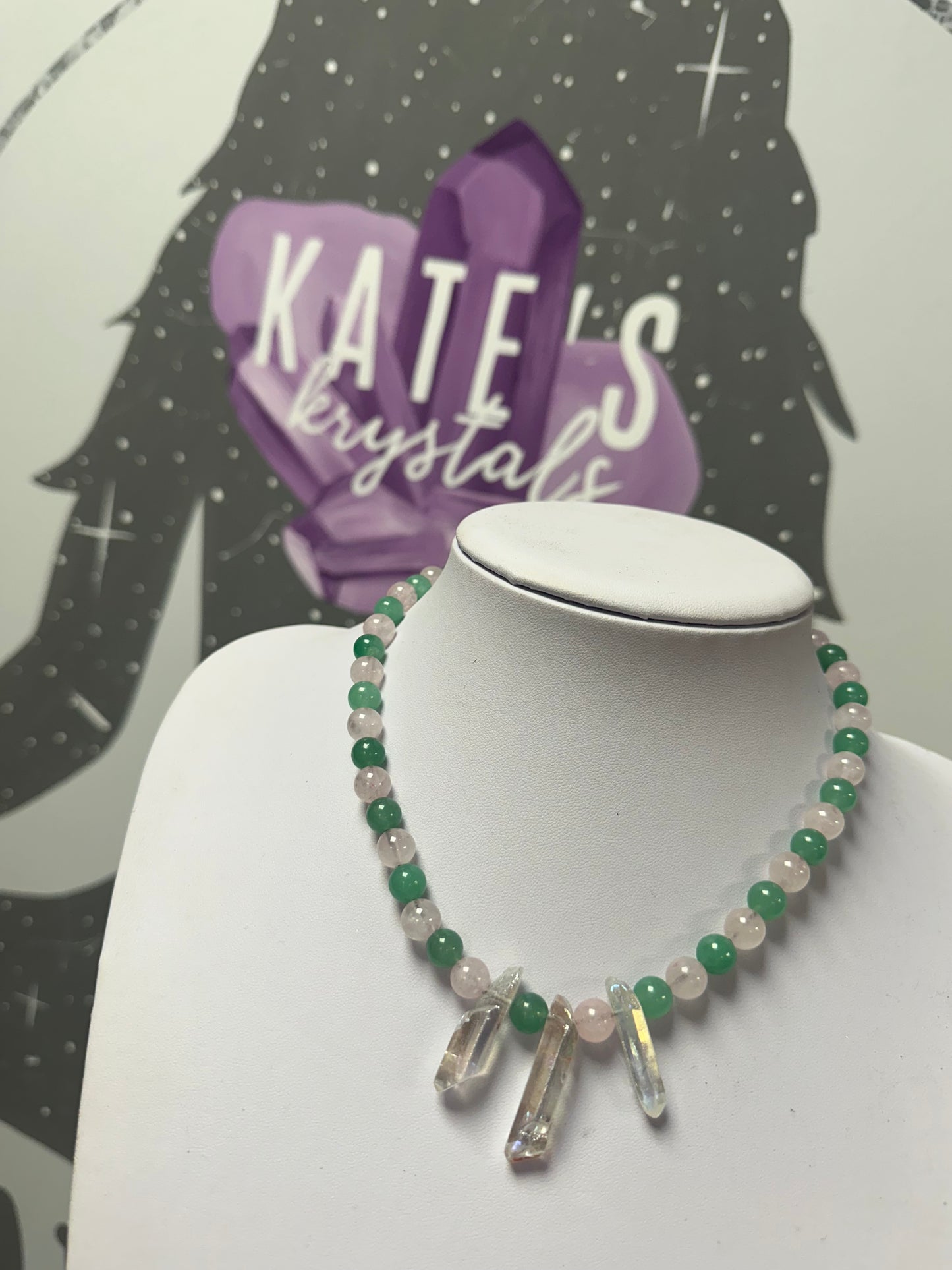 Aventurine, Rose Quartz & Aura Quartz Choker Style Necklace