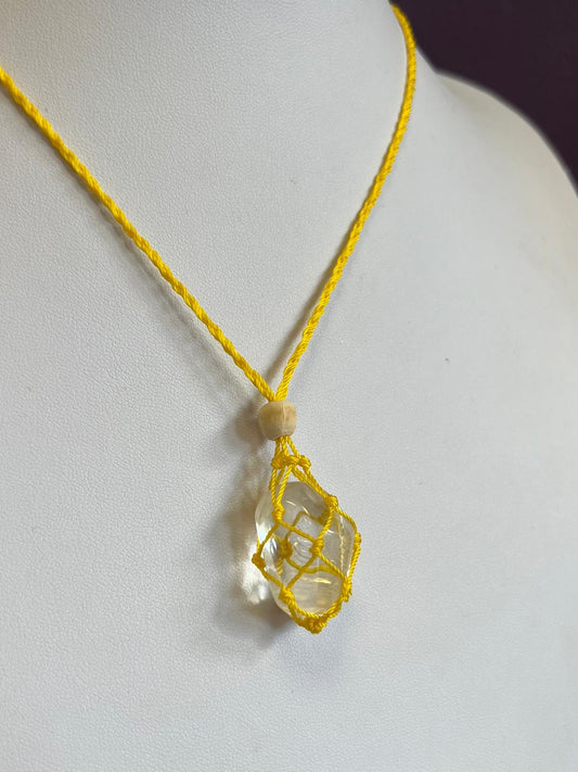 Yellow Macrame Web Holder Necklace with Clear Quartz