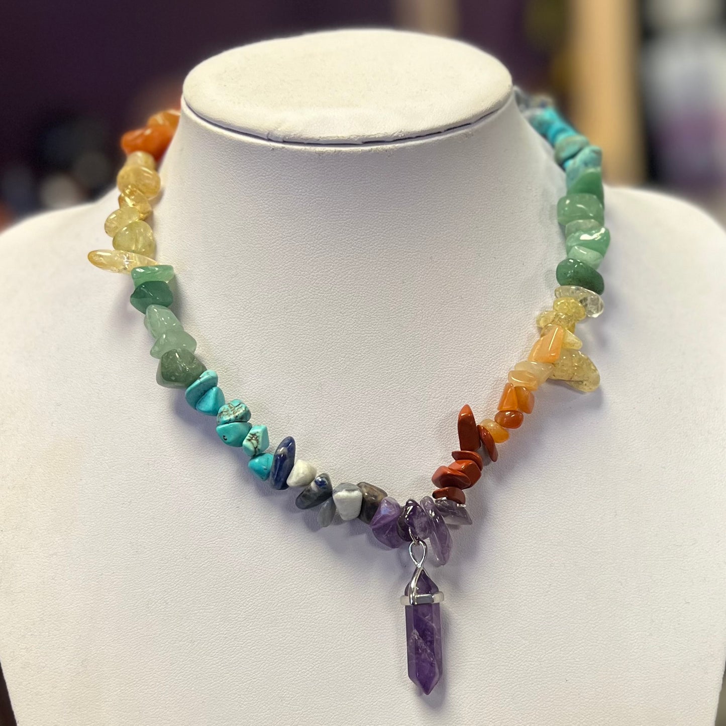 Chunky Chakra Choker Necklace with Amethyst Pendant