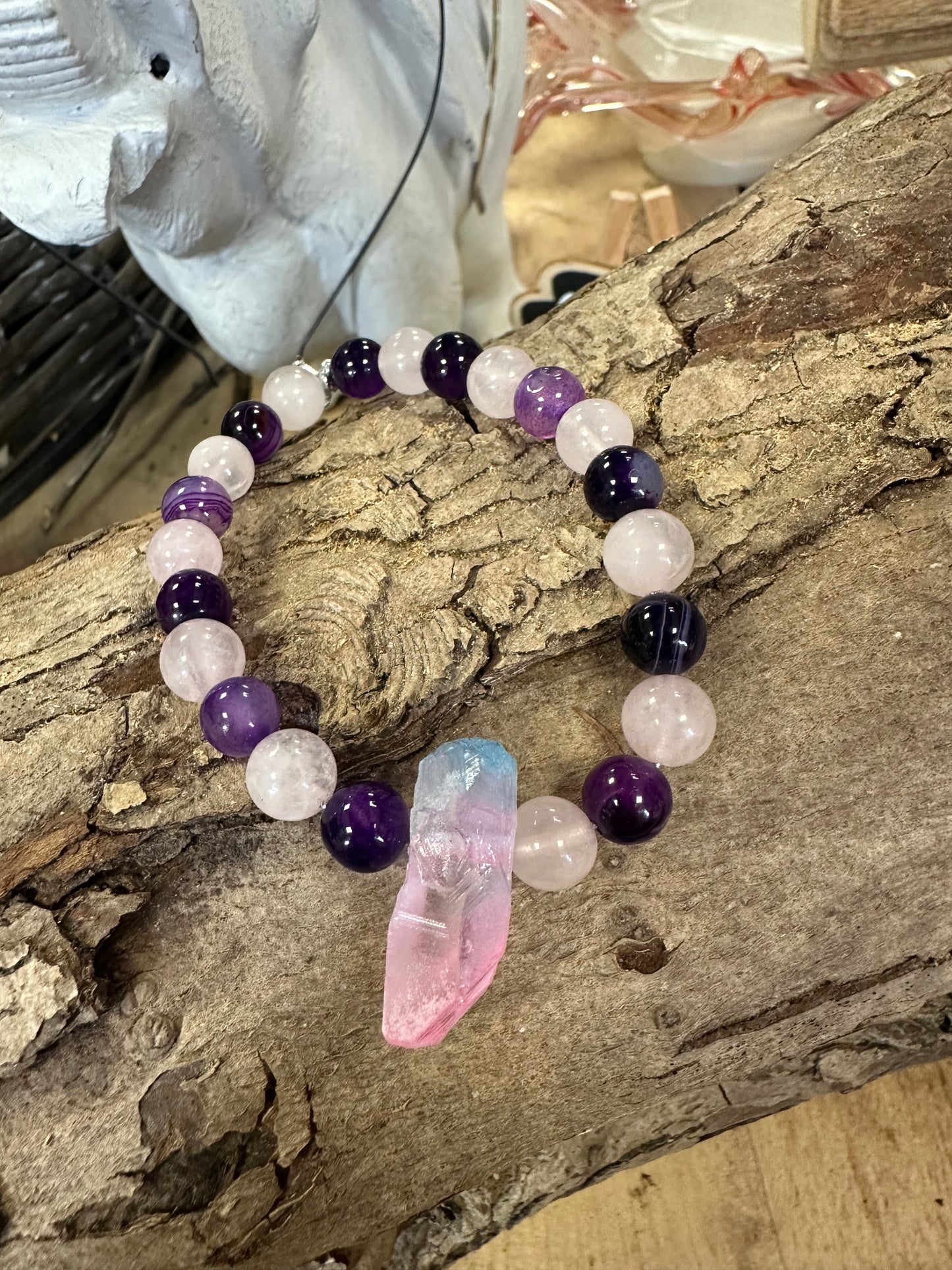 Purple agate, rose quartz & aura quartz bracelet