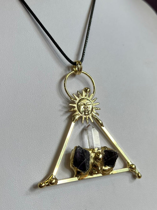 Clear Quartz & Amethyst Moon Pyramid Necklace