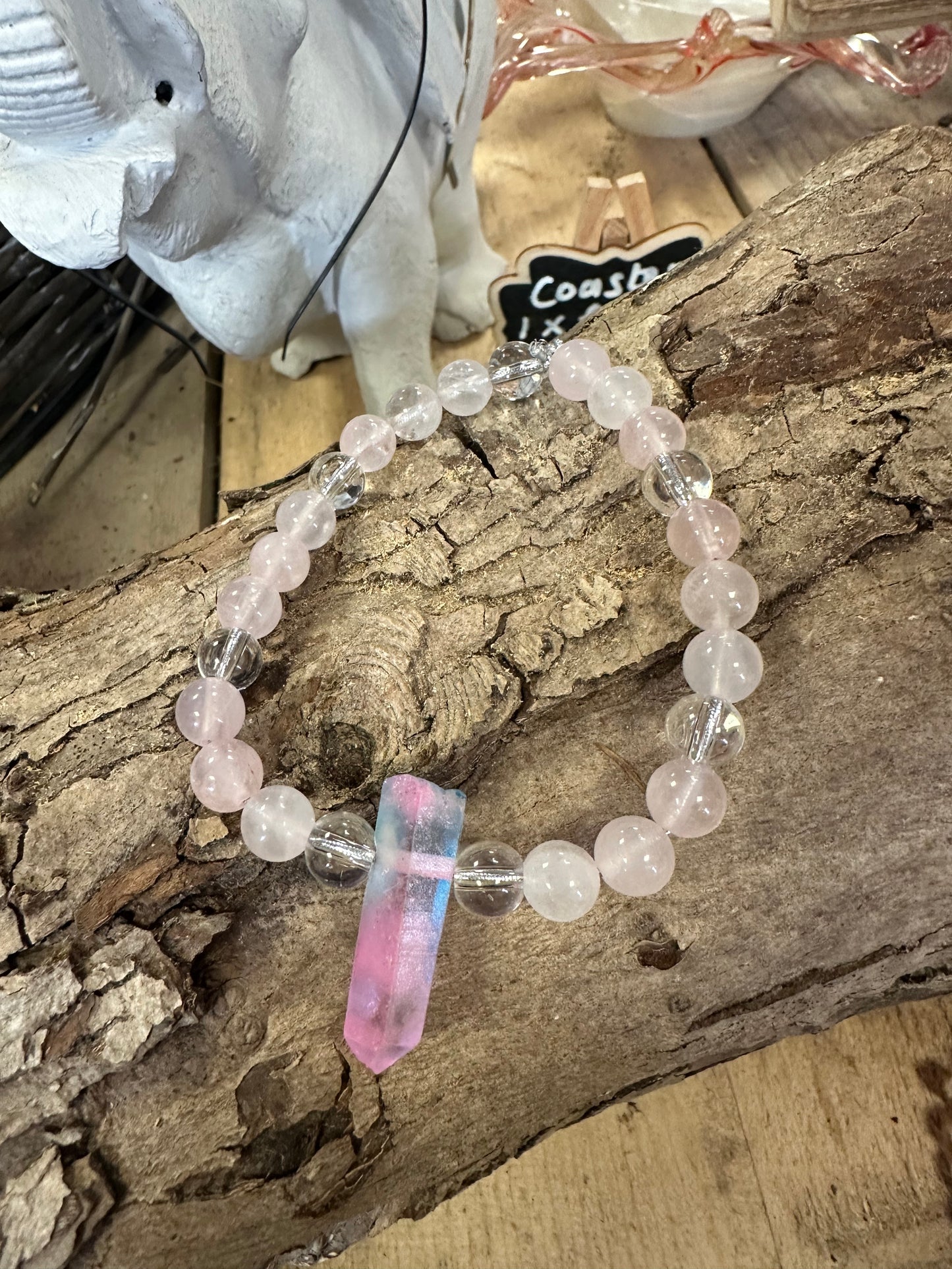 Rose, Clear & Aura Quartz Bracelet