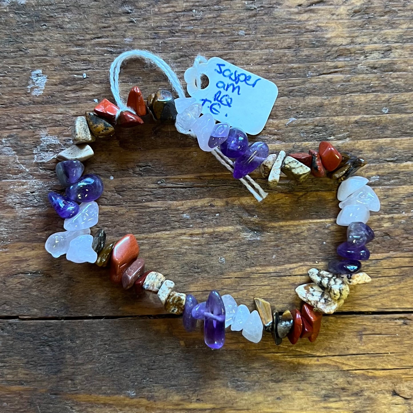 Amethyst, Rose Quartz, Tigers Eye, Red Jasper, Jasper Bracelet (small chip)