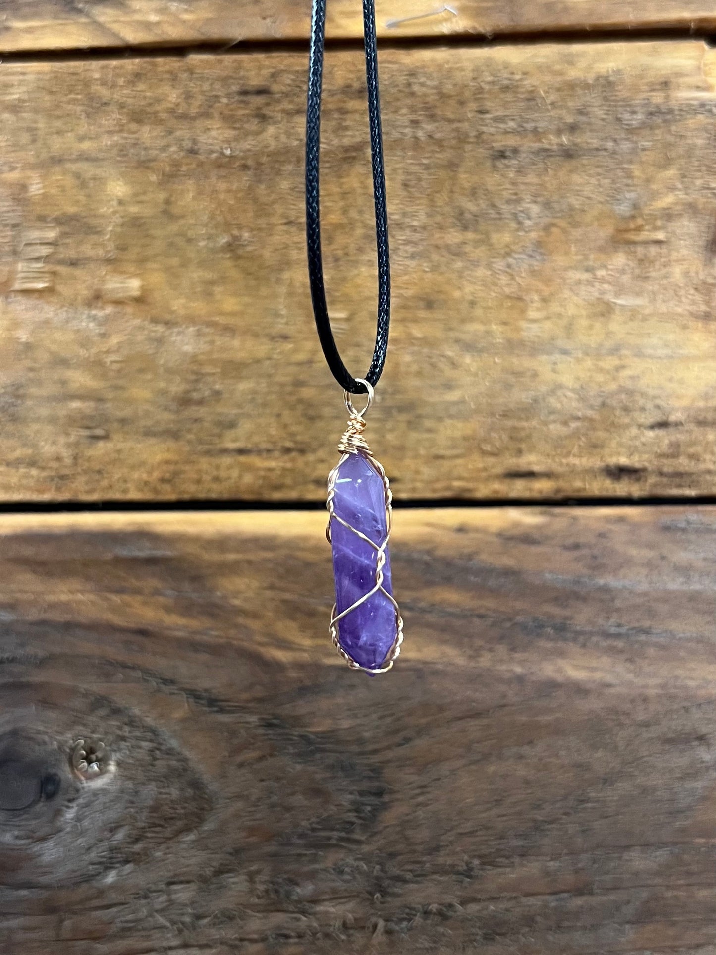 Amethyst Gold Wire Wrapped Pendant Necklace