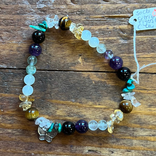 Jade, Citrine, Tigers Eye, Clear Quartz, Amethyst, Turquoise, Black Onyx, Fluorite Butterfly Charm Bracelet