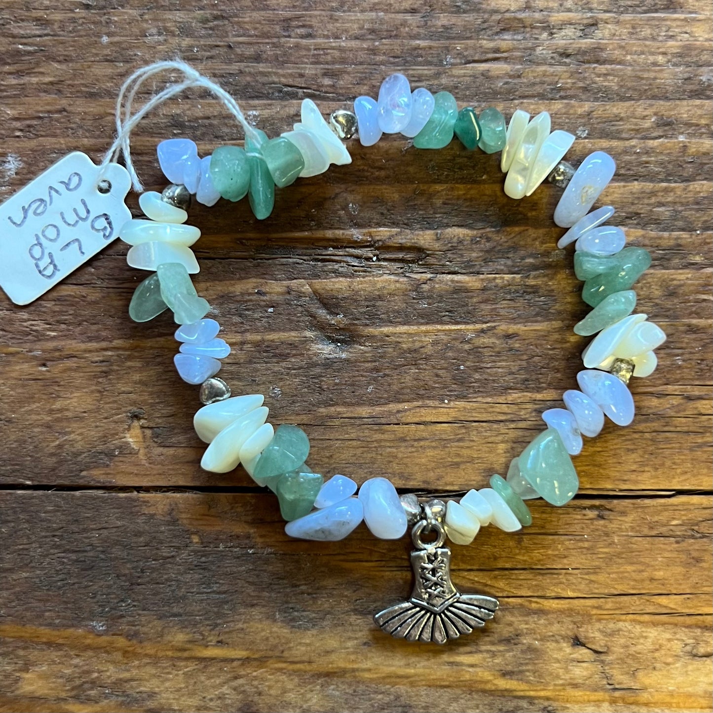 Blue Lace Agate, Aventurine, Pearl Charm Bracelet (small chip)