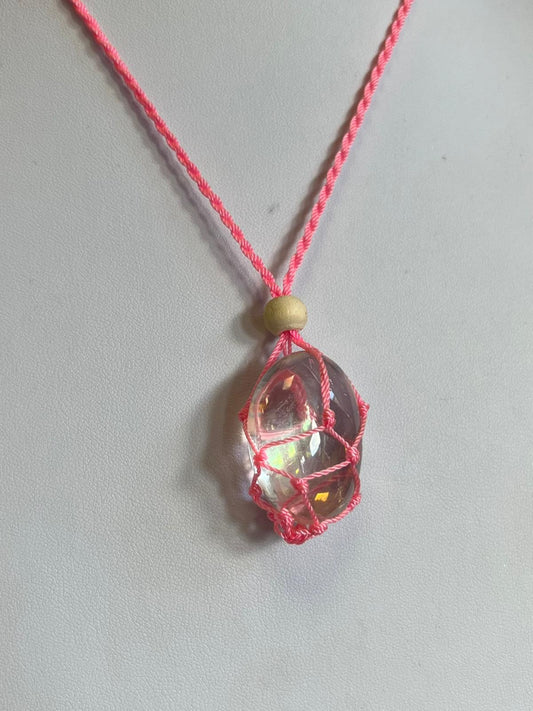 Pink macrame web holder necklace with aura quartz