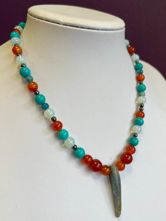 Stunning Kyanite, carnelian, turquoise, opalite, apatite & hematite adjustable necklace