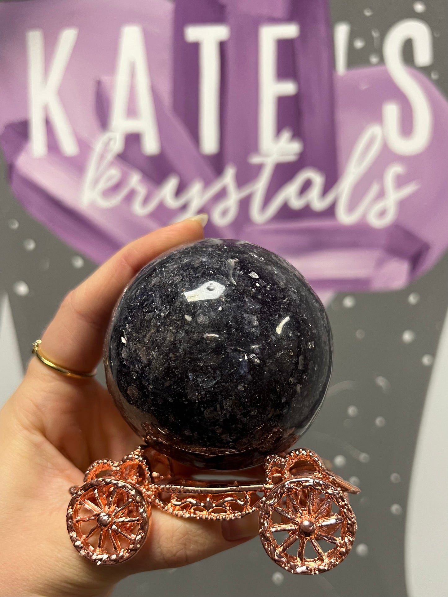 Purple Mica Sphere on rose gold carriage stand