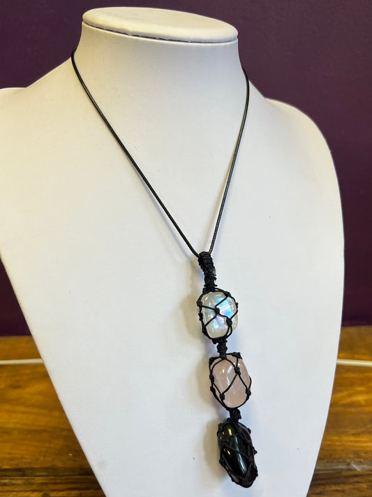 Rose Quartz, Aura Quartz, Black Obsidian Necklace