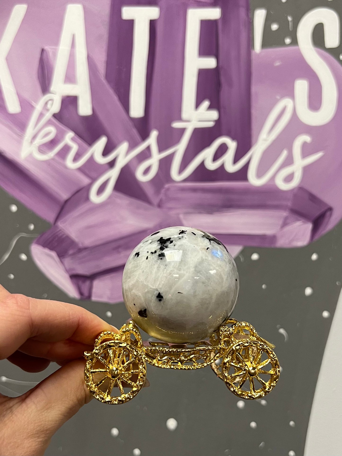 Rainbow Moonstone Sphere with Black Tourmaline on gold carriage stand