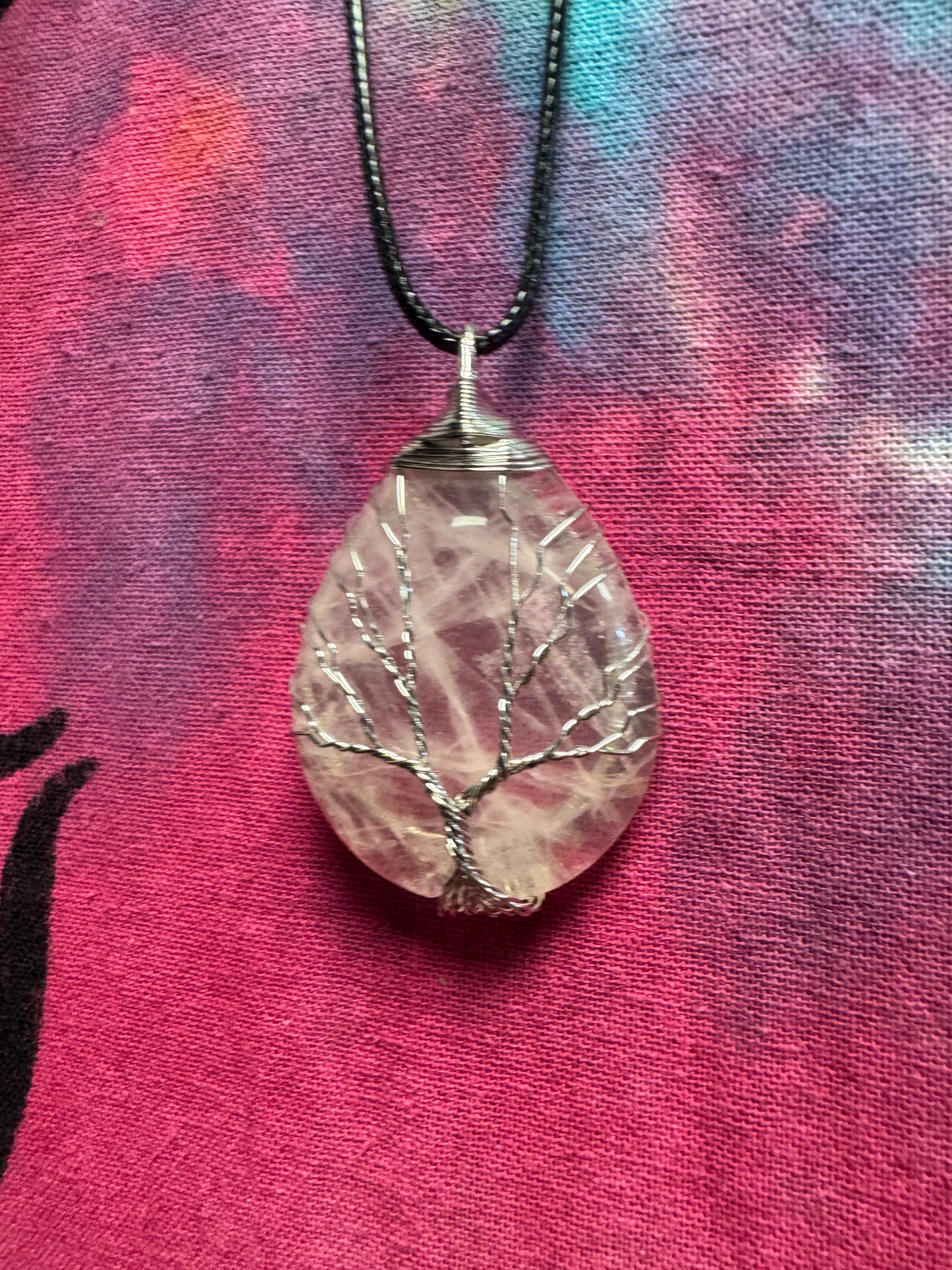 Rose quartz tree if life pendant necklace